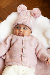 Pink Merino Wool Double Pom Pom Rib Beanie